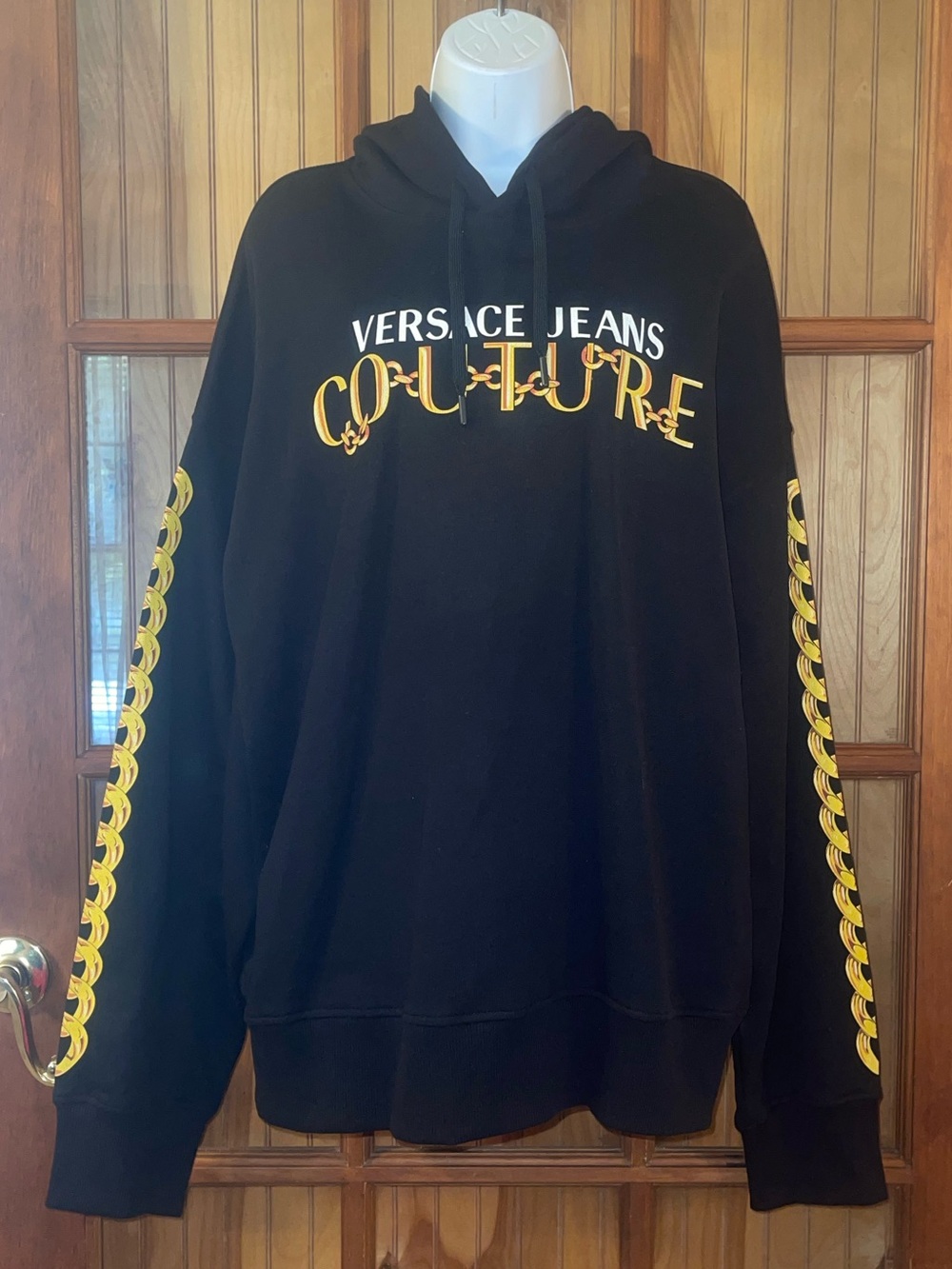 Versace Black Hoodie with Yellow Sleeve Chain Detail - Men's Sweatshirt